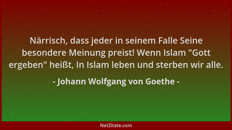 Johann Wolfgang von Goethe - Närrisch, dass jeder in seinem Falle Seine besondere Meinung preist! Wenn Islam "Gott ergeben "...