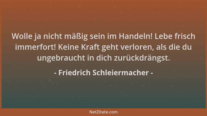 Friedrich Schleiermacher - Wolle ja nicht mäßig sein im Handeln! Lebe frisch immerfort! Keine Kraft geht verloren, als die...