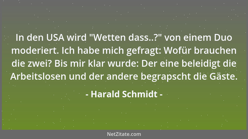 Harald Schmidt - In den USA wird  "Wetten dass..? " von einem Duo moderiert. Ich habe mich gefragt: Wofür brauchen die zwei?...