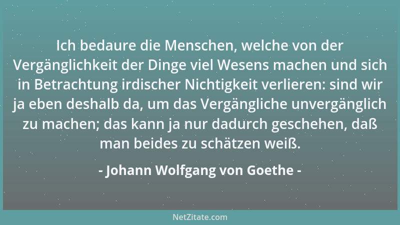 Johann Wolfgang von Goethe - Ich bedaure die Menschen, welche von der Vergänglichkeit der Dinge viel Wesens machen und sich...
