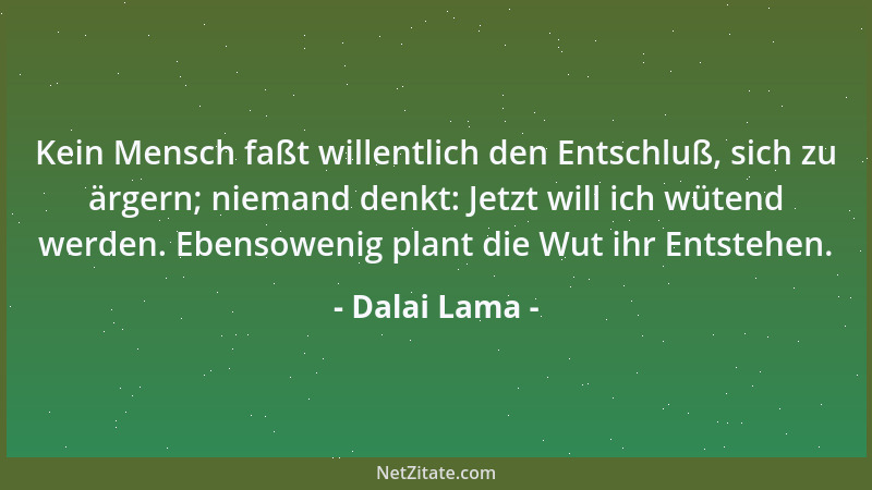 Dalai Lama - Kein Mensch faßt willentlich den Entschluß, sich zu ärgern; niemand denkt: Jetzt will ich wütend werden. Ebens...