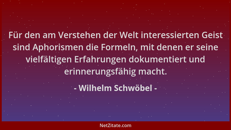 Wilhelm Schwöbel - Für den am Verstehen der Welt interessierten Geist sind Aphorismen die Formeln, mit denen er seine vielf...