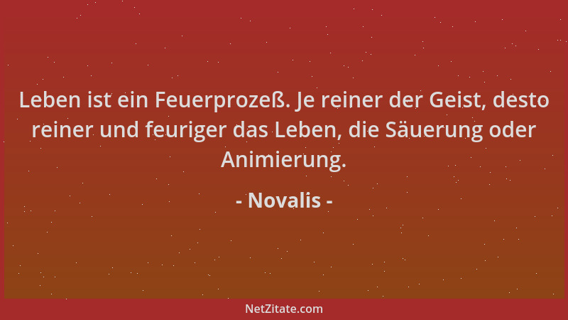 Novalis - Leben ist ein Feuerprozeß. Je reiner der Geist, desto reiner und feuriger das Leben, die Säuerung oder Animierung...