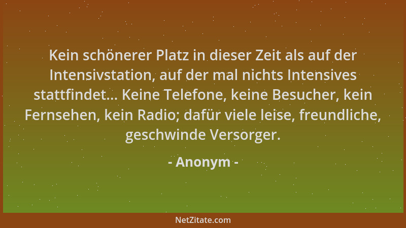 Anonym - Kein schönerer Platz in dieser Zeit als auf der Intensivstation, auf der mal nichts Intensives stattfindet... Kein...