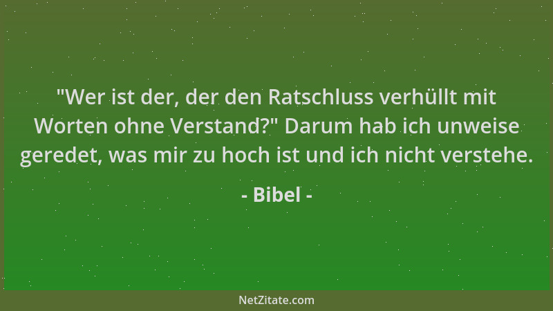 Bibel -  "Wer ist der, der den Ratschluss verhüllt mit Worten ohne Verstand? " Darum hab ich unweise geredet, was mir zu hoch...