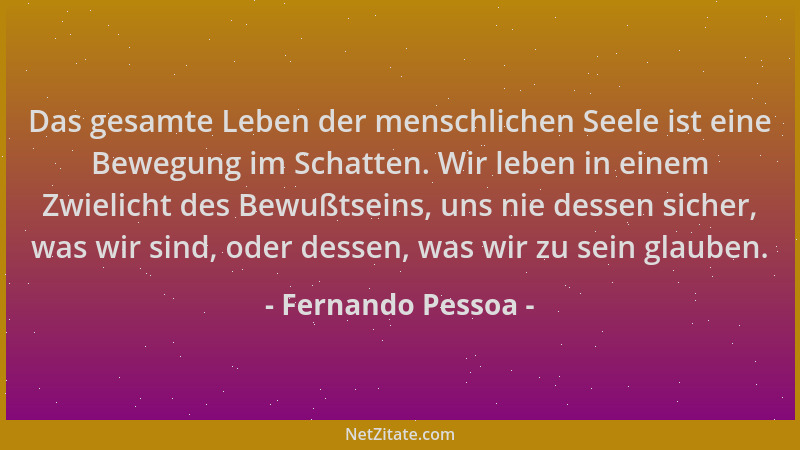 Fernando Pessoa - Das gesamte Leben der menschlichen Seele ist eine Bewegung im Schatten. Wir leben in einem Zwielicht des...