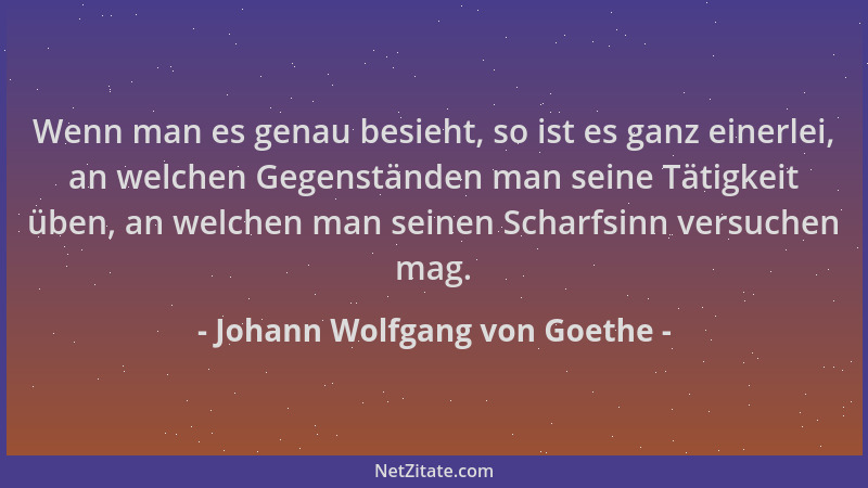 Johann Wolfgang von Goethe - Wenn man es genau besieht, so ist es ganz einerlei, an welchen Gegenständen man seine Tätigkei...