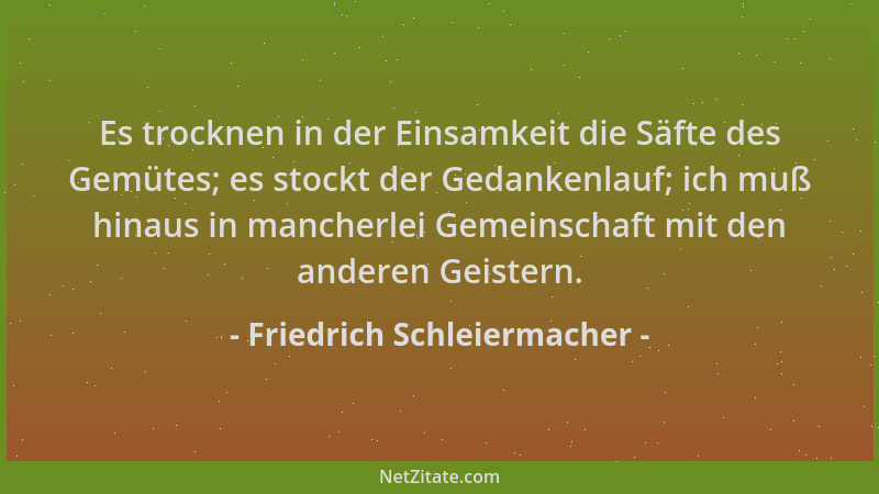 Friedrich Schleiermacher - Es trocknen in der Einsamkeit die Säfte des Gemütes; es stockt der Gedankenlauf; ich muß hinaus...