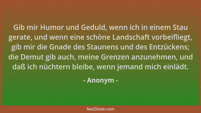 Anonym - Gib mir Humor und Geduld, wenn ich in einem Stau gerate, und wenn eine schöne Landschaft vorbeifliegt, gib mir die...
