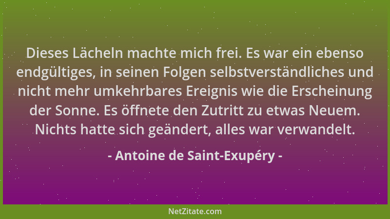 Antoine de Saint-Exupéry - Dieses Lächeln machte mich frei. Es war ein ebenso endgültiges, in seinen Folgen selbstverständl...