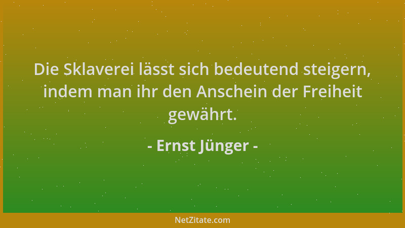 Ernst Jünger - Die Sklaverei lässt sich bedeutend steigern, indem man ihr den Anschein der Freiheit gewährt....