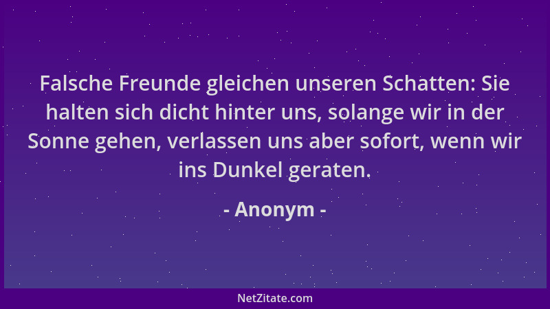 Anonym - Falsche Freunde gleichen unseren Schatten: Sie halten sich dicht hinter uns, solange wir in der Sonne gehen, verla...