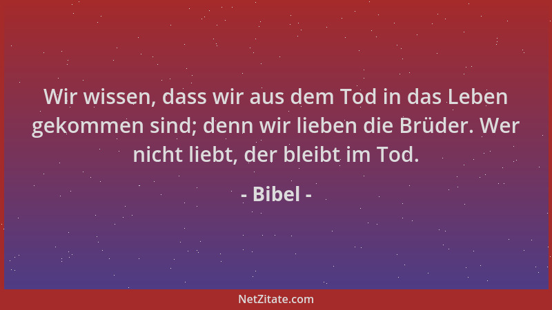 Bibel - Wir wissen, dass wir aus dem Tod in das Leben gekommen sind; denn wir lieben die Brüder. Wer nicht liebt, der bleib...