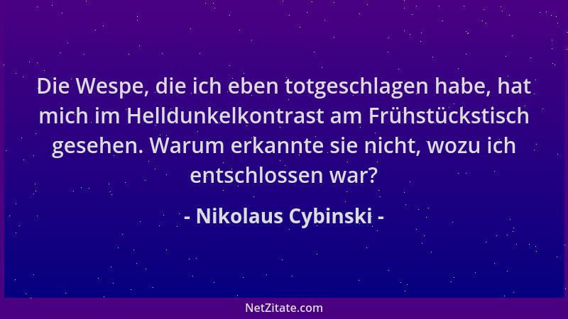 Nikolaus Cybinski - Die Wespe, die ich eben totgeschlagen habe, hat mich im Helldunkelkontrast am Frühstückstisch gesehen....