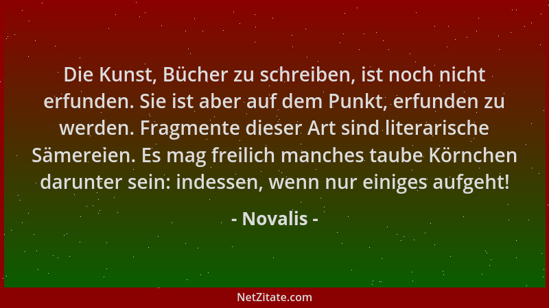 Novalis - Die Kunst, Bücher zu schreiben, ist noch nicht erfunden. Sie ist aber auf dem Punkt, erfunden zu werden. Fragment...