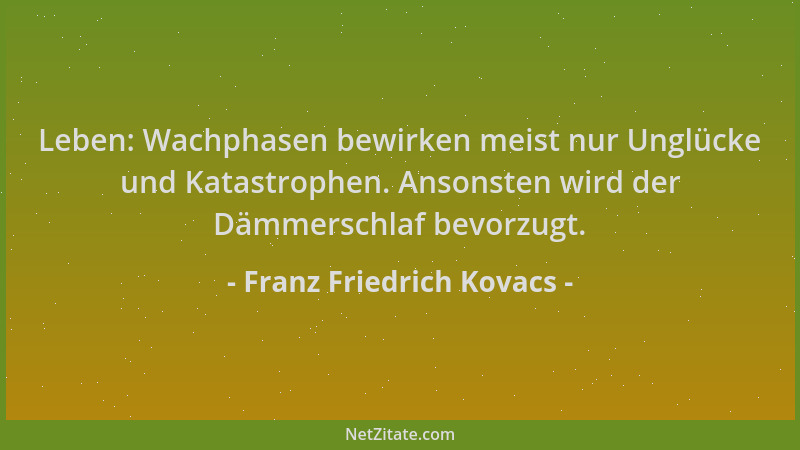Franz Friedrich Kovacs - Leben: Wachphasen bewirken meist nur Unglücke und Katastrophen. Ansonsten wird der Dämmerschlaf be...