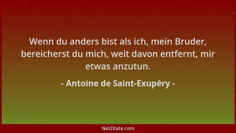 Antoine de Saint-Exupéry - Wenn du anders bist als ich, mein Bruder, bereicherst du mich, weit davon entfernt, mir etwas an...