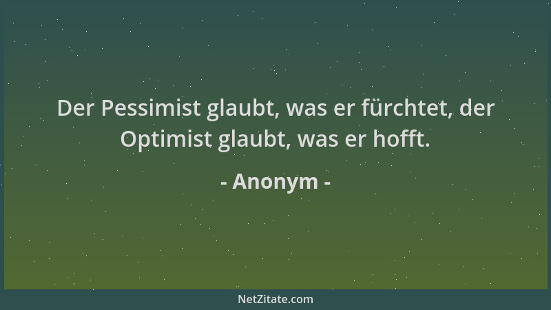 Anonym - Der Pessimist glaubt, was er fürchtet, der Optimist glaubt, was er hofft....