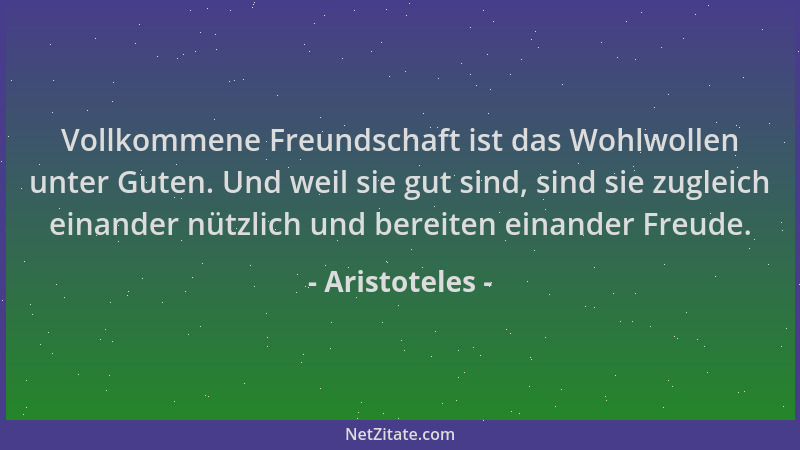 Aristoteles - Vollkommene Freundschaft ist das Wohlwollen unter Guten. Und weil sie gut sind, sind sie zugleich einander nü...