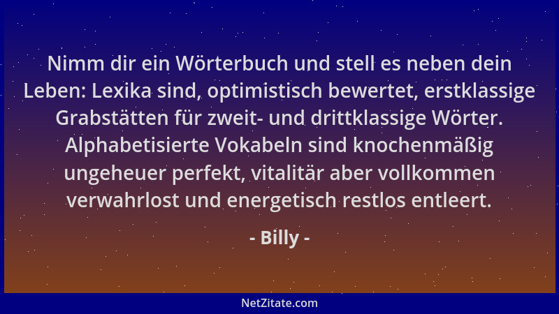 Billy - Nimm dir ein Wörterbuch und stell es neben dein Leben: Lexika sind, optimistisch bewertet, erstklassige Grabstätten...