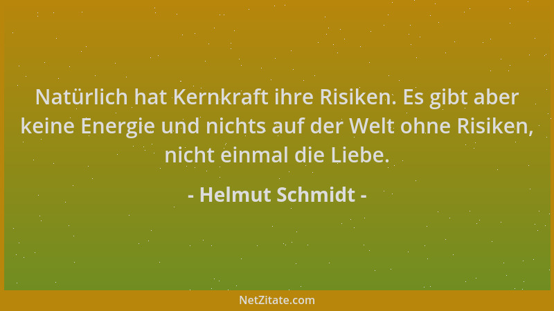 Helmut Schmidt - Natürlich hat Kernkraft ihre Risiken. Es gibt aber keine Energie und nichts auf der Welt ohne Risiken, nic...