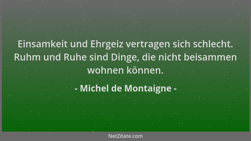 Michel de Montaigne - Einsamkeit und Ehrgeiz vertragen sich schlecht. Ruhm und Ruhe sind Dinge, die nicht beisammen wohnen...