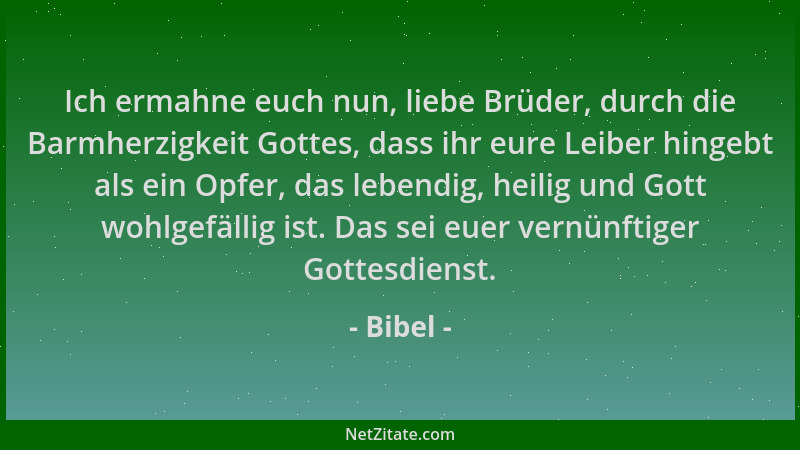 Bibel - Ich ermahne euch nun, liebe Brüder, durch die Barmherzigkeit Gottes, dass ihr eure Leiber hingebt als ein Opfer, da...