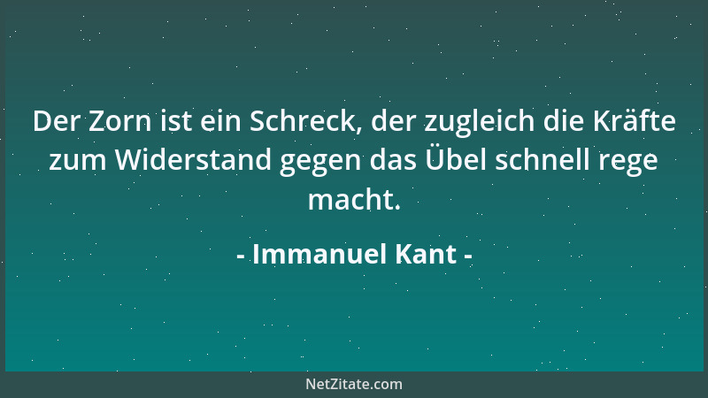 Immanuel Kant - Der Zorn ist ein Schreck, der zugleich die Kräfte zum Widerstand gegen das Übel schnell rege macht....