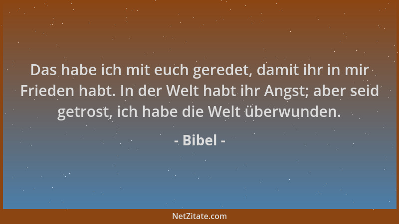 Bibel - Das habe ich mit euch geredet, damit ihr in mir Frieden habt. In der Welt habt ihr Angst; aber seid getrost, ich ha...