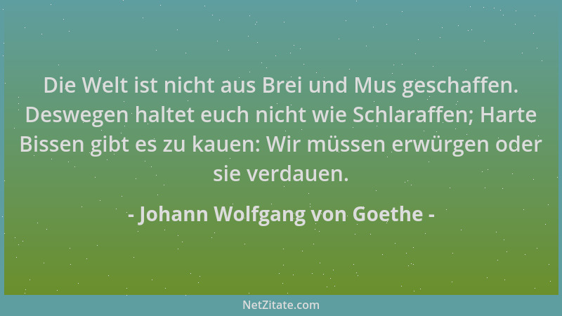 Johann Wolfgang von Goethe - Die Welt ist nicht aus Brei und Mus geschaffen. Deswegen haltet euch nicht wie Schlaraffen; Ha...