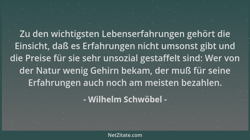 Wilhelm Schwöbel - Zu den wichtigsten Lebenserfahrungen gehört die Einsicht, daß es Erfahrungen nicht umsonst gibt und die...