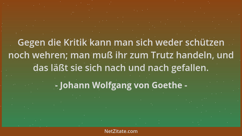 Johann Wolfgang von Goethe - Gegen die Kritik kann man sich weder schützen noch wehren; man muß ihr zum Trutz handeln, und...