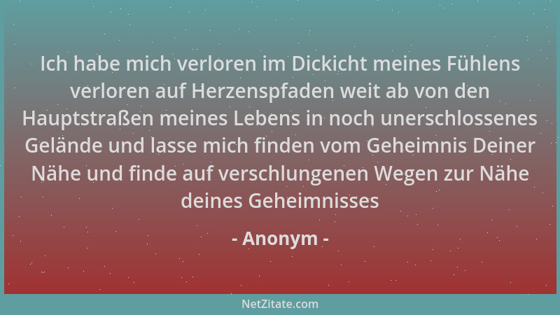 Anonym - Ich habe mich verloren im Dickicht meines Fühlens verloren auf Herzenspfaden weit ab von den Hauptstraßen meines L...