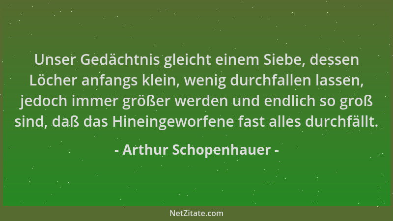 Arthur Schopenhauer - Unser Gedächtnis gleicht einem Siebe, dessen Löcher anfangs klein, wenig durchfallen lassen, jedoch i...