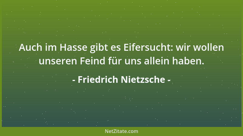 Friedrich Nietzsche - Auch im Hasse gibt es Eifersucht: wir wollen unseren Feind für uns allein haben....