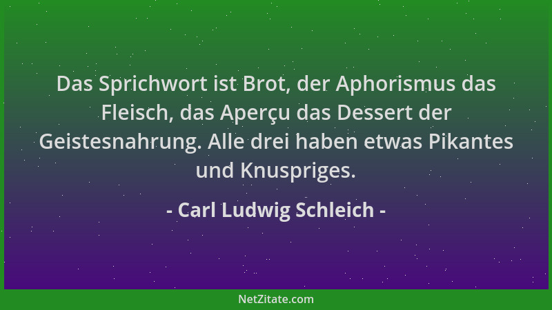 Carl Ludwig Schleich - Das Sprichwort ist Brot, der Aphorismus das Fleisch, das Aperçu das Dessert der Geistesnahrung. Alle...