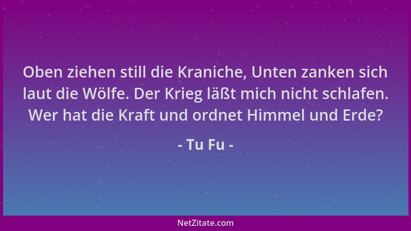 Tu Fu - Oben ziehen still die Kraniche, Unten zanken sich laut die Wölfe. Der Krieg läßt mich nicht schlafen. Wer hat die K...