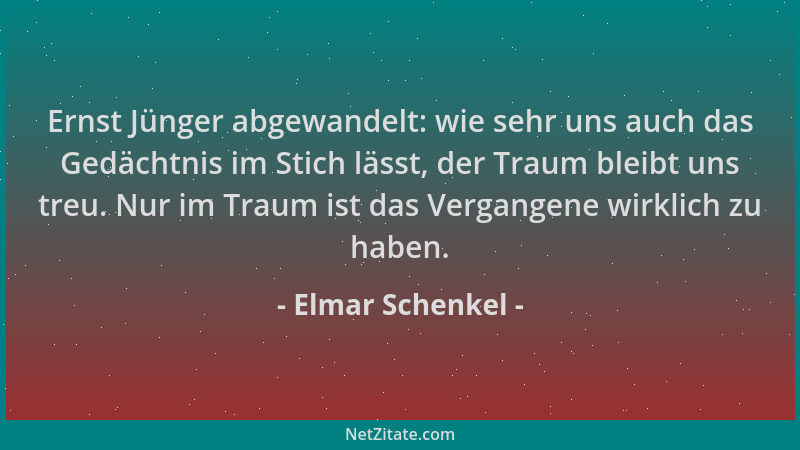 Elmar Schenkel - Ernst Jünger abgewandelt: wie sehr uns auch das Gedächtnis im Stich lässt, der Traum bleibt uns treu. Nur...