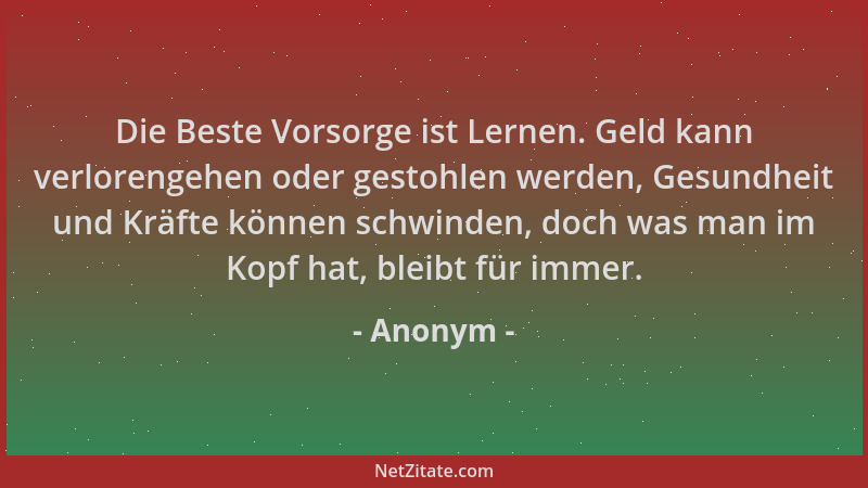 Anonym - Die Beste Vorsorge ist Lernen. Geld kann verlorengehen oder gestohlen werden, Gesundheit und Kräfte können schwind...