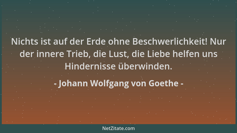 Johann Wolfgang von Goethe - Nichts ist auf der Erde ohne Beschwerlichkeit! Nur der innere Trieb, die Lust, die Liebe helfe...