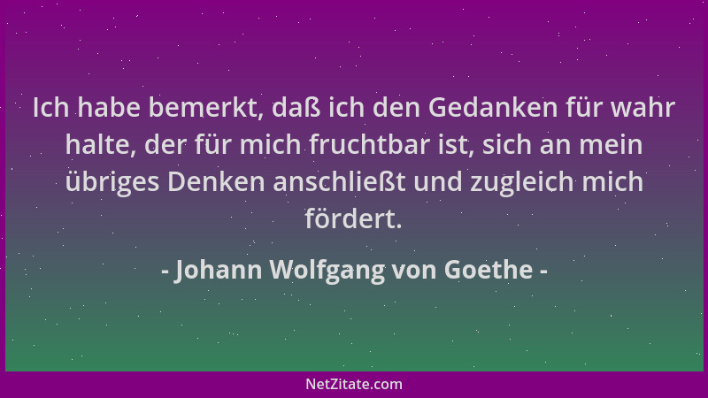 Johann Wolfgang von Goethe - Ich habe bemerkt, daß ich den Gedanken für wahr halte, der für mich fruchtbar ist, sich an mei...