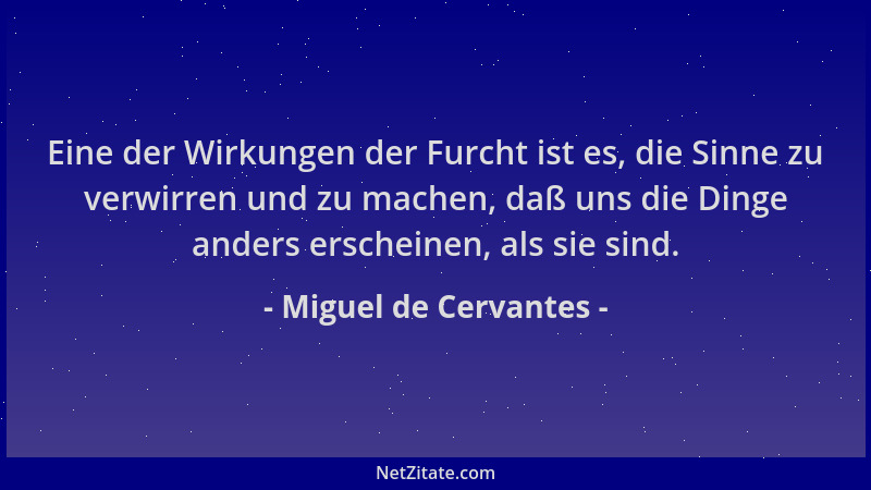 Miguel de Cervantes - Eine der Wirkungen der Furcht ist es, die Sinne zu verwirren und zu machen, daß uns die Dinge anders...