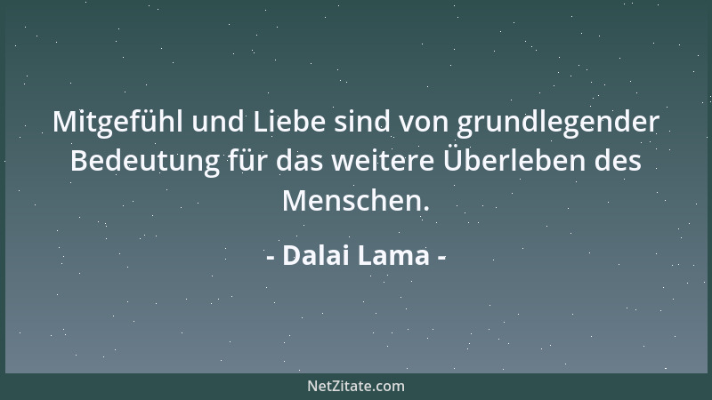 Dalai Lama - Mitgefühl und Liebe sind von grundlegender Bedeutung für das weitere Überleben des Menschen....