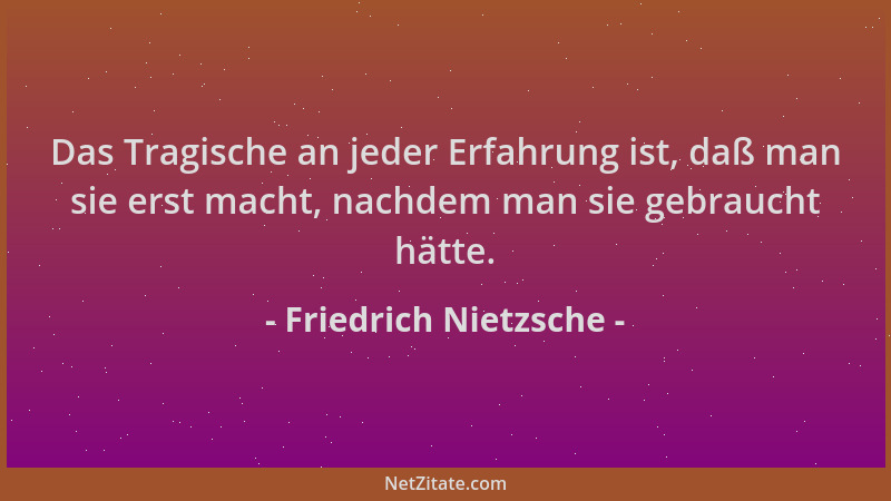 Friedrich Nietzsche - Das Tragische an jeder Erfahrung ist, daß man sie erst macht, nachdem man sie gebraucht hätte....
