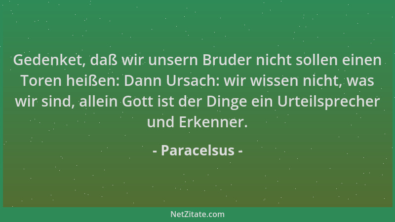 Paracelsus - Gedenket, daß wir unsern Bruder nicht sollen einen Toren heißen: Dann Ursach: wir wissen nicht, was wir sind,...