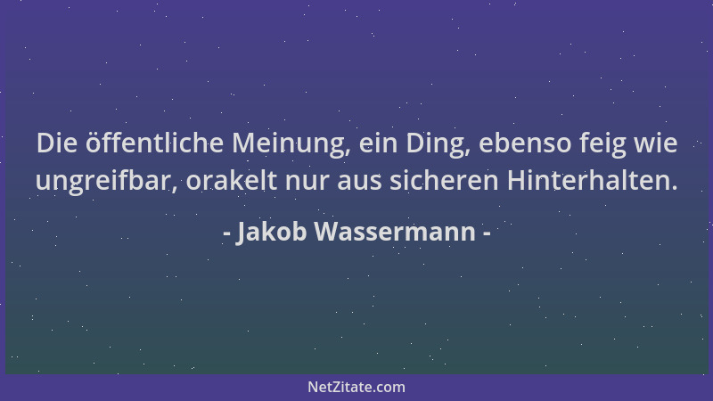 Jakob Wassermann - Die öffentliche Meinung, ein Ding, ebenso feig wie ungreifbar, orakelt nur aus sicheren Hinterhalten....
