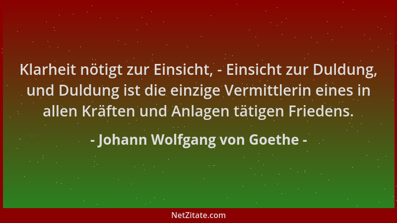 Johann Wolfgang von Goethe - Klarheit nötigt zur Einsicht, - Einsicht zur Duldung, und Duldung ist die einzige Vermittlerin...