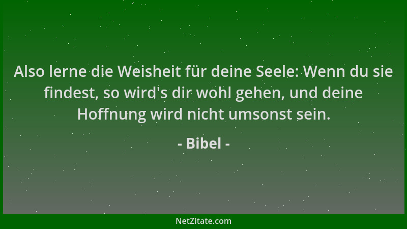 Bibel - Also lerne die Weisheit für deine Seele: Wenn du sie findest, so wird 's dir wohl gehen, und deine Hoffnung wird nic...