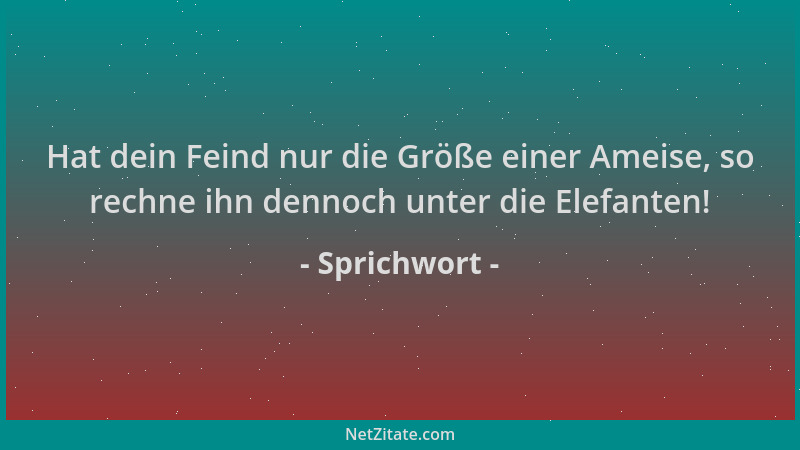 Sprichwort - Hat dein Feind nur die Größe einer Ameise, so rechne ihn dennoch unter die Elefanten!...
