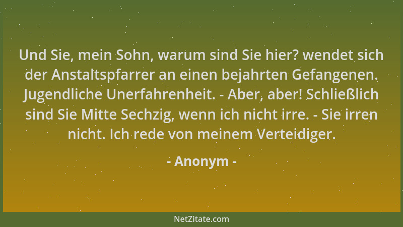 Anonym - Und Sie, mein Sohn, warum sind Sie hier? wendet sich der Anstaltspfarrer an einen bejahrten Gefangenen. Jugendlich...